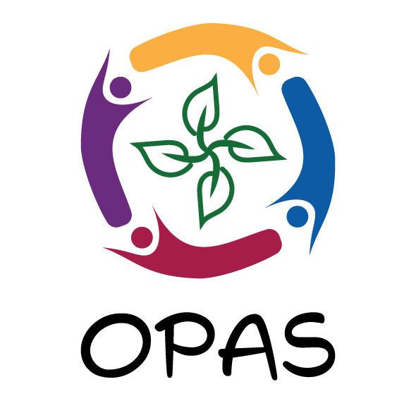 OPAS-hankkeen logo, kuvassa neljä ihmistä kiertää lehvää, värit keltainen, sininen, punainen ja violetti