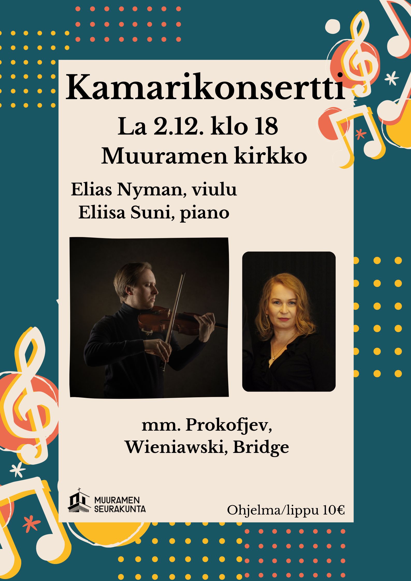 Konsertti -Elias Nyman, viulu ja Eliisa Suni, piano Elias