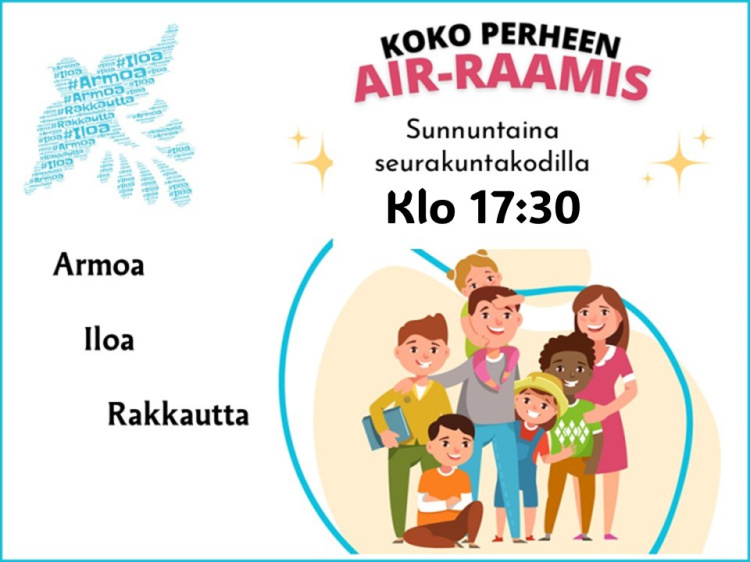 AIR-raamis Kuva perheestä. Teksti AIR-raamis seurakuntakodilla sunnuntaina klo 17:30