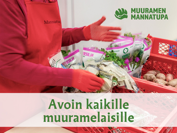 Ruokajakelu - Mannatupa Kuva ruokaa jakavista käsistä. Teksti Muuramen Mannatupa, avoinna kaikille muuramelaisille.